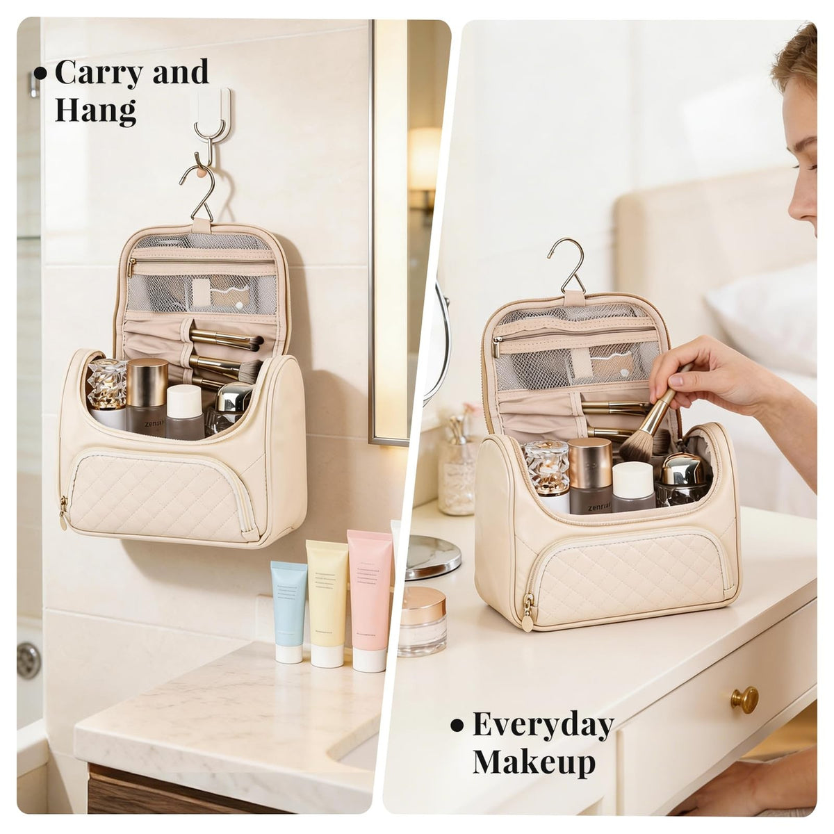 Travel Toiletry Bag for Women with Makeup Brush Organizer - Beige