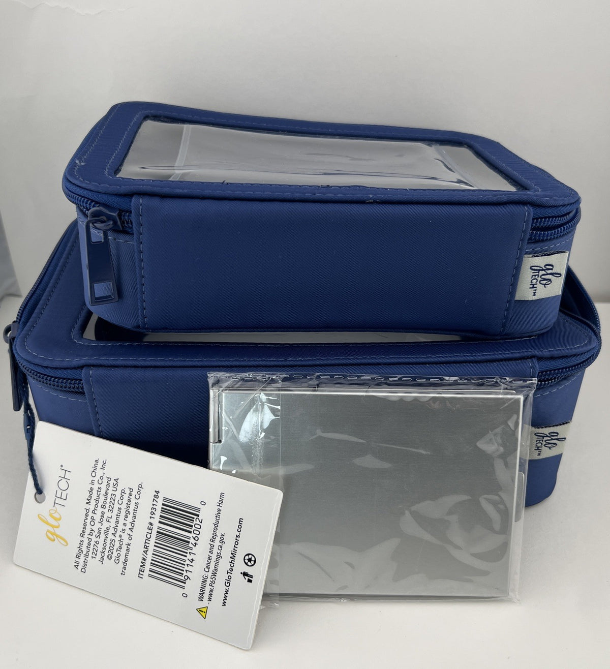Navy Blue 3-Piece Cosmetic Bag Set with Compact Mirror – Travel Toiletry Organizer