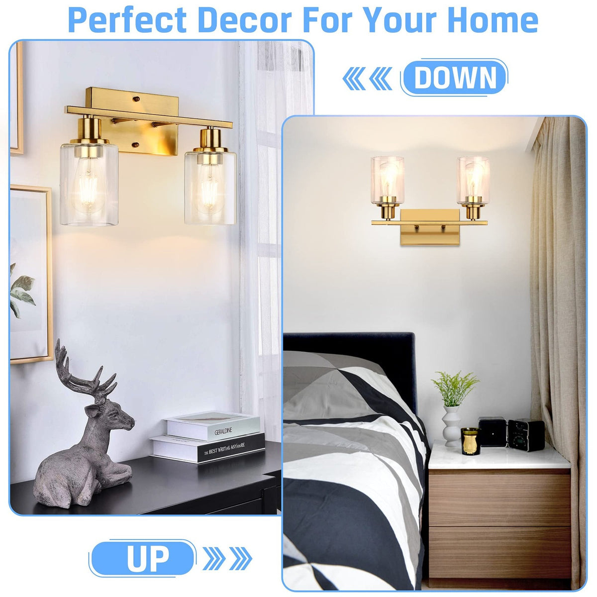 2-Light Gold Bathroom Vanity Lighting Fixture with Clear Glass