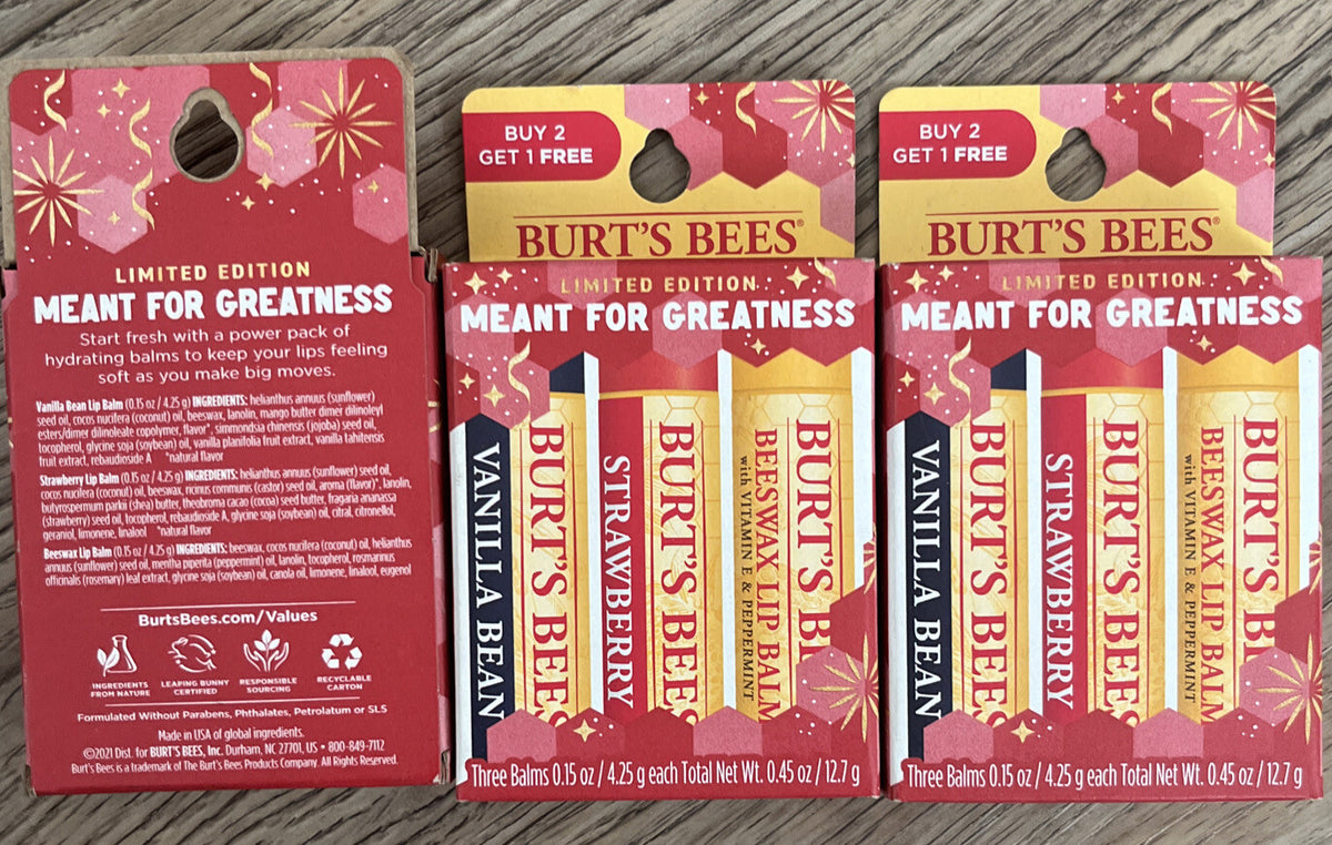 Burt's Bees 3-Pack Lip Balm Set - Vanilla Bean, Strawberry & Beeswax 0.15 Oz