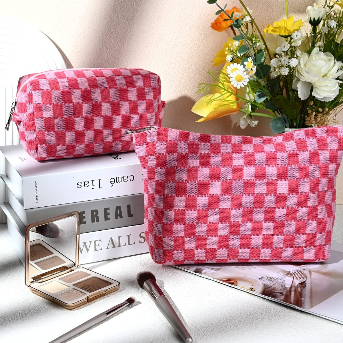 Large Checkered Travel Makeup Bag Set - Water-Resistant & Foldable for Women