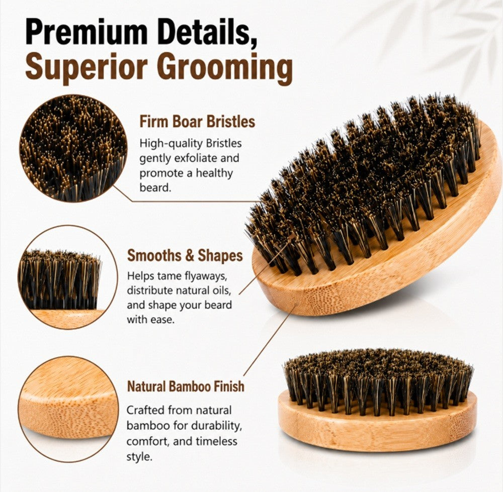 Men's Boar Bristle Beard & Mustache Brush with Wooden Handle - Travel Size Grooming Tool