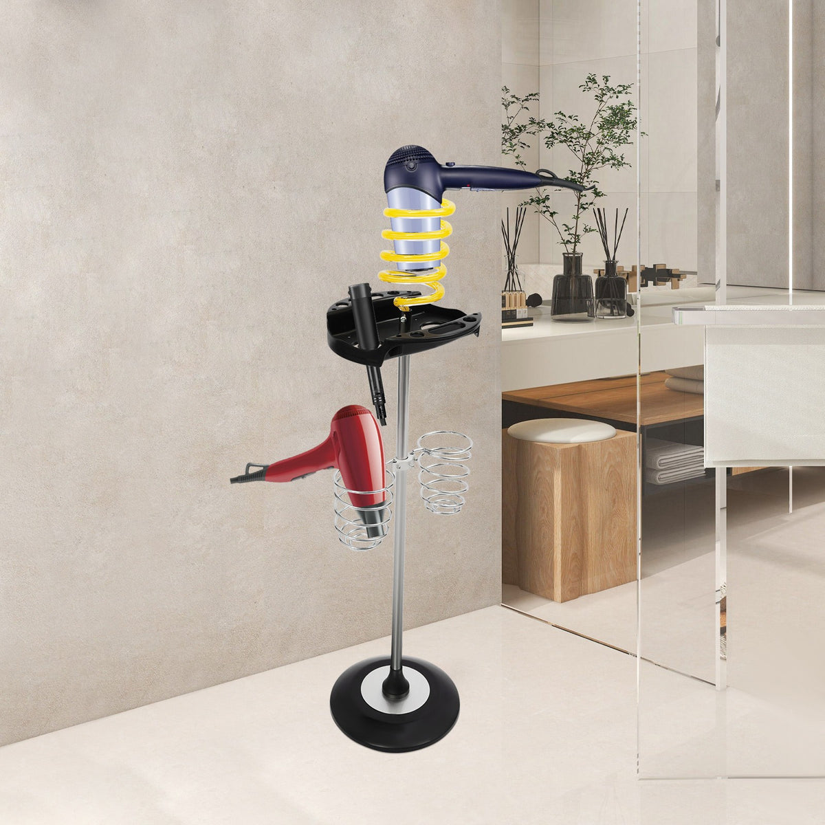 Freestanding Hair Dryer Stand with Tray & Spiral Holders - Yellow