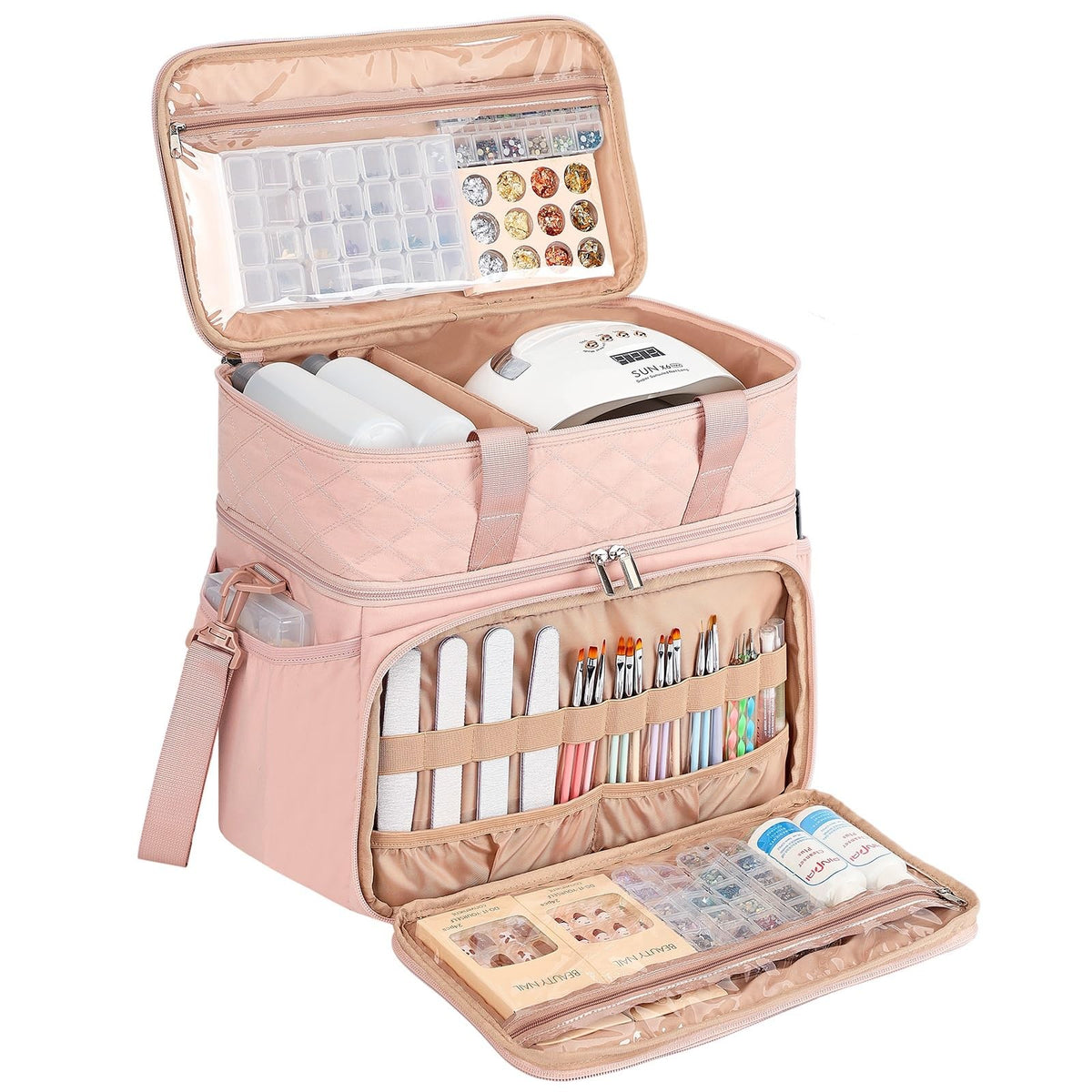 Double Layer Nail Polish Organizer with Lamp and Accessories Storage - Pink