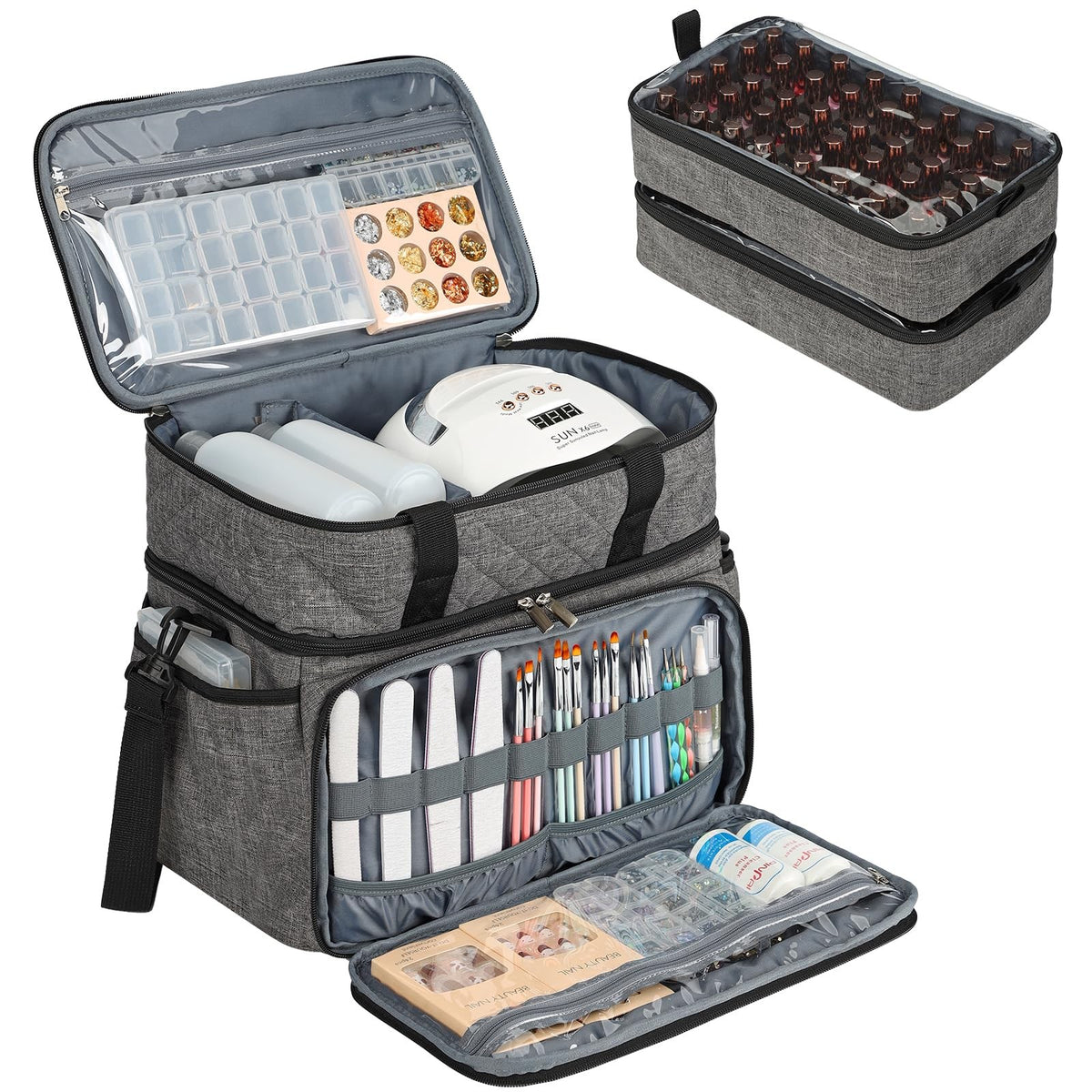 Double Layer Nail Polish Organizer with Lamp & Pouches - Holds 80 Bottles