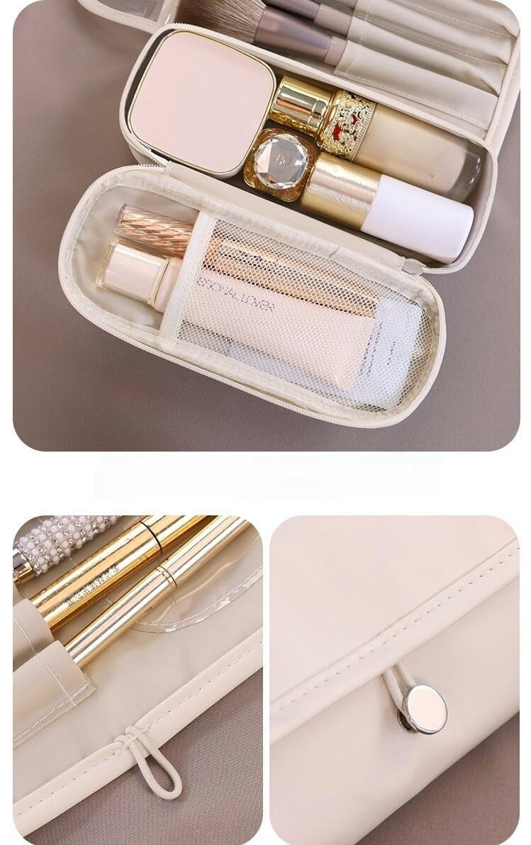 Leather Makeup Brush Case - Portable Organizer with Multiple Compartments
