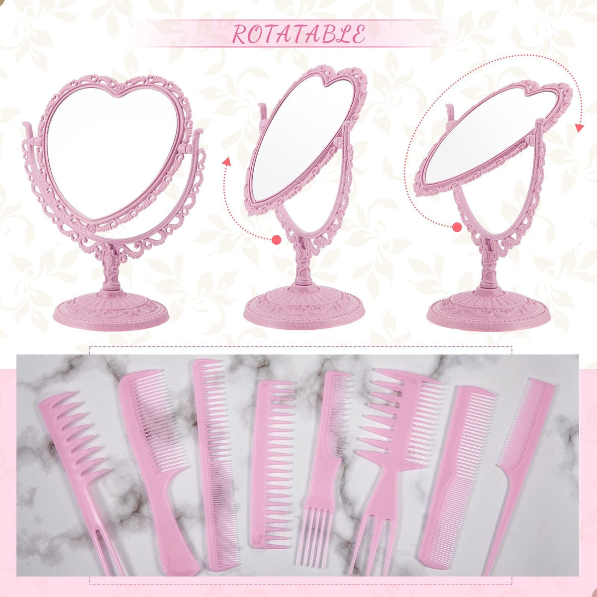Heart Shaped Vanity Mirror & Hair Combs Set - Rotatable Double-Sided Pink