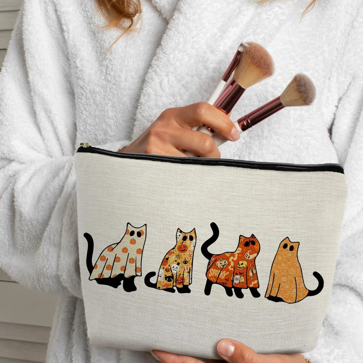Halloween Ghost Cats Makeup Bag - Black Cat Cosmetic Pouch for Women