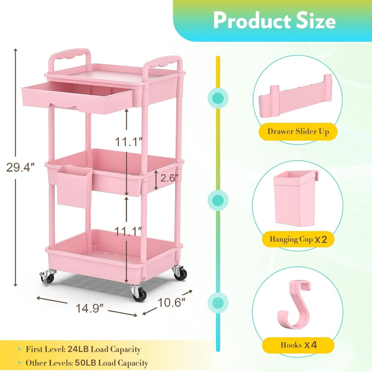 Pink Makeup Cart Organizer with Drawers and Rolling Storage