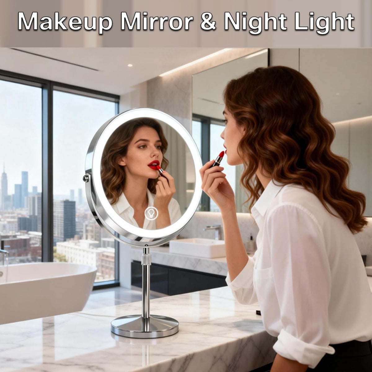 Makeup Mirror with Lights and 10X Magnification - Dimmable LED, Adjustable Height, 360° Rotation