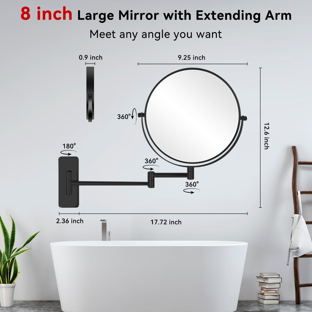 8-Inch Wall Mount Makeup Mirror with 20X Magnification, Double-Sided, Adjustable Swivel, Black