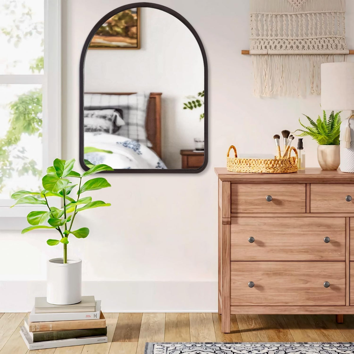 Large Arched Wall Mirror - Vintage Wooden Frame, Rustic Farmhouse Style, 26 x 18 Inches