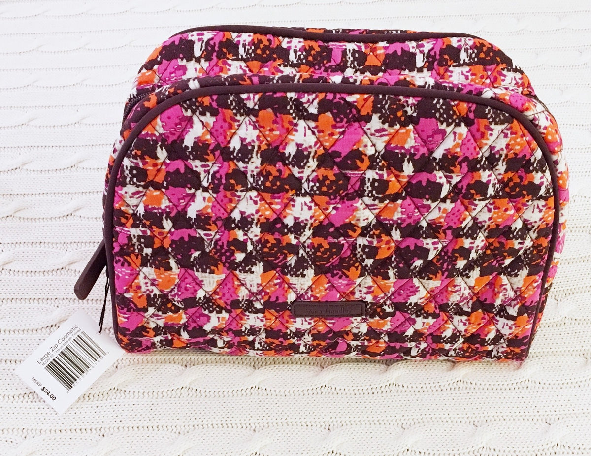 Large Zip Cosmetic Bag for Travel and Organization - Houndstooth Tweed Pattern
