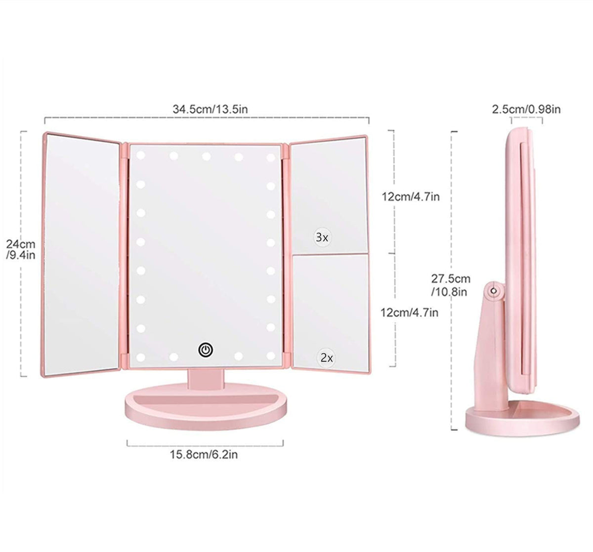 Tri-Fold Lighted Vanity Mirror with 3X/2X Magnification, 21 LEDs, Touch