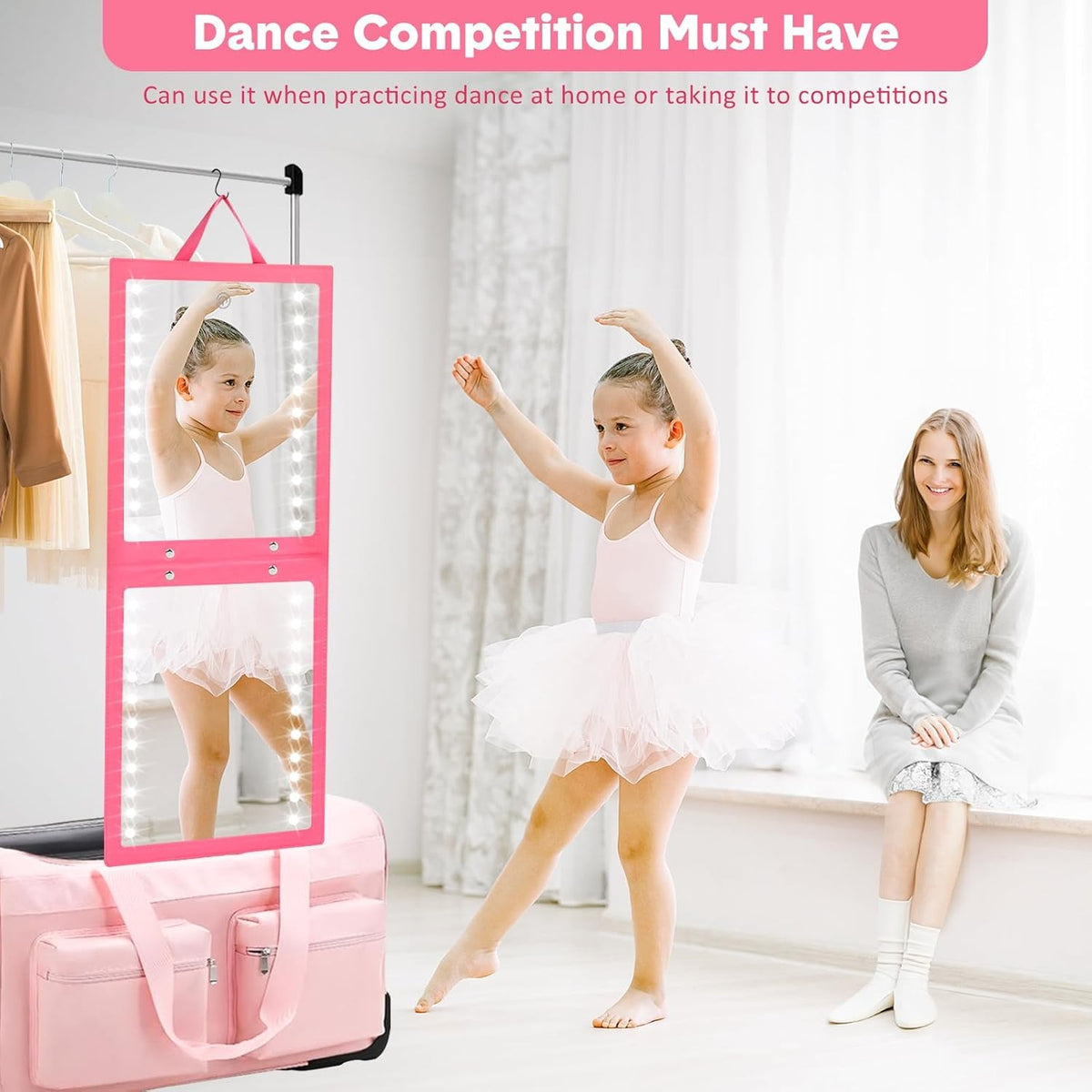 Lighted Hanging Mirror for Dance Backstage - Foldable, Rechargeable, 12.3 x 11.5 Inch, Berry