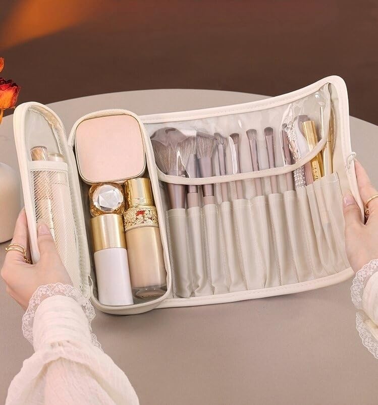 Leather Makeup Brush Case - Portable Organizer with Multiple Compartments