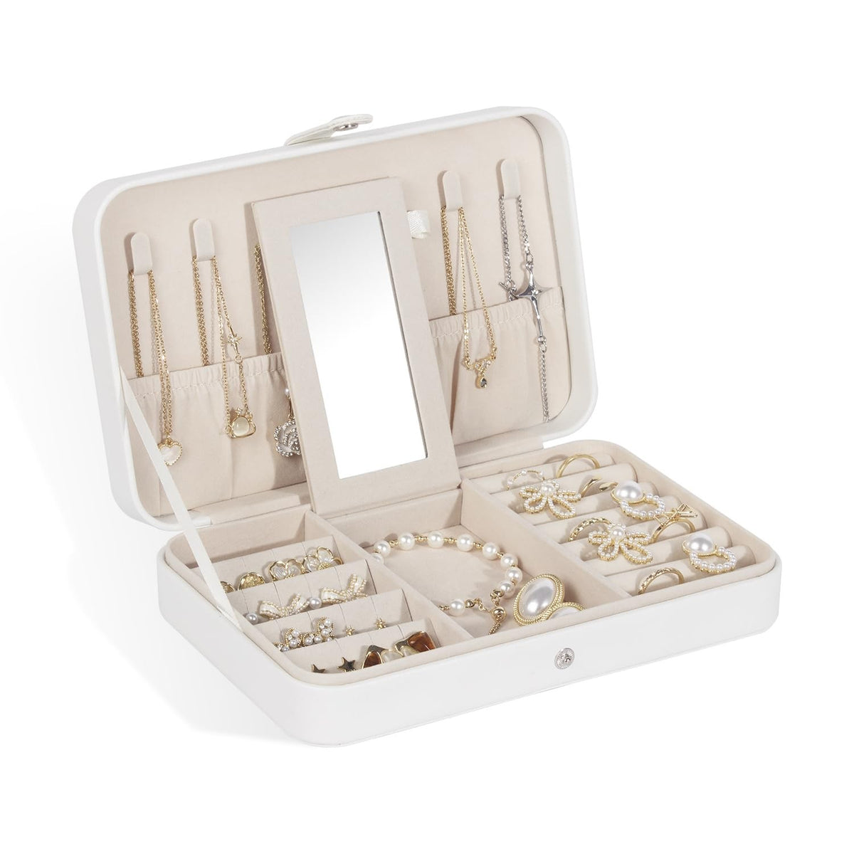 Travel Jewelry Case - Portable Organizer with 1 Layer in White
