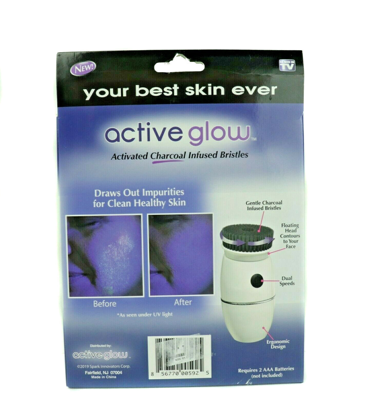 New in Box Active Glow Facial Cleansing Brush With Activated Charcoal