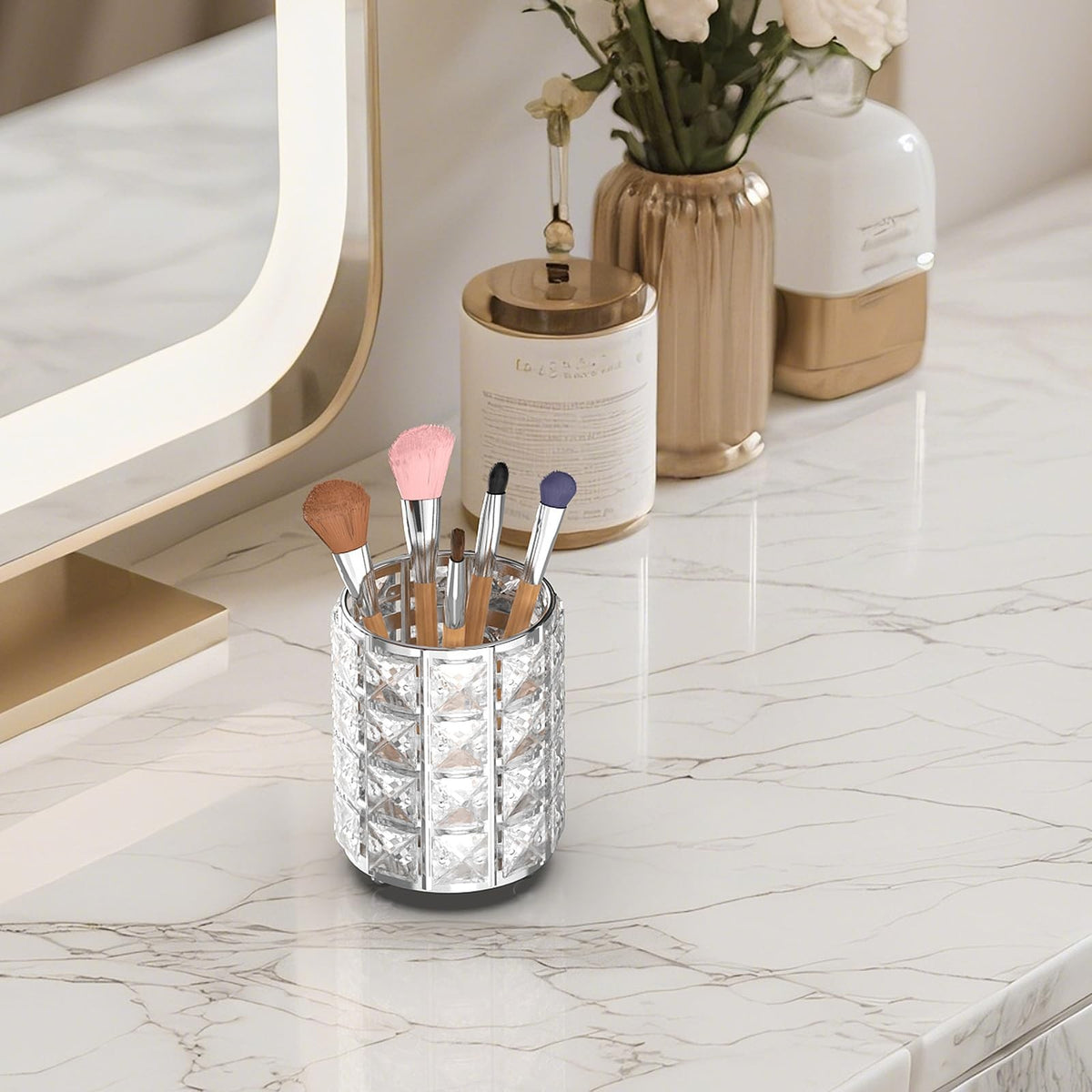Silver Crystal Makeup Brush Holder Vanity Organizer Pen Pencils