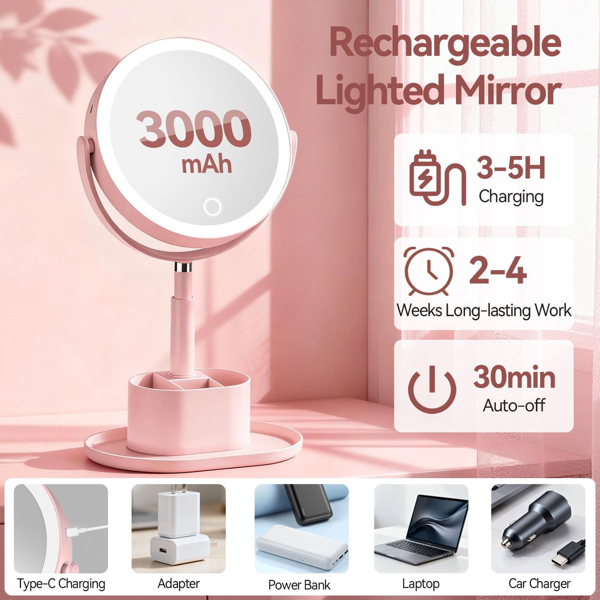 20X Magnifying Lighted Vanity Mirror with Storage - Double Sided Makeup Mirror