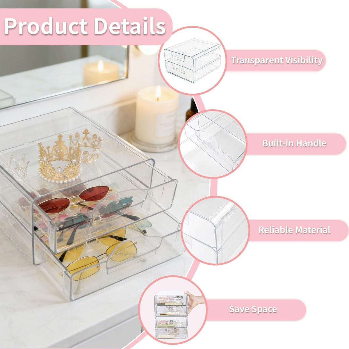 Acrylic Stackable Storage Drawers - Clear Makeup Organizer and Home Storage