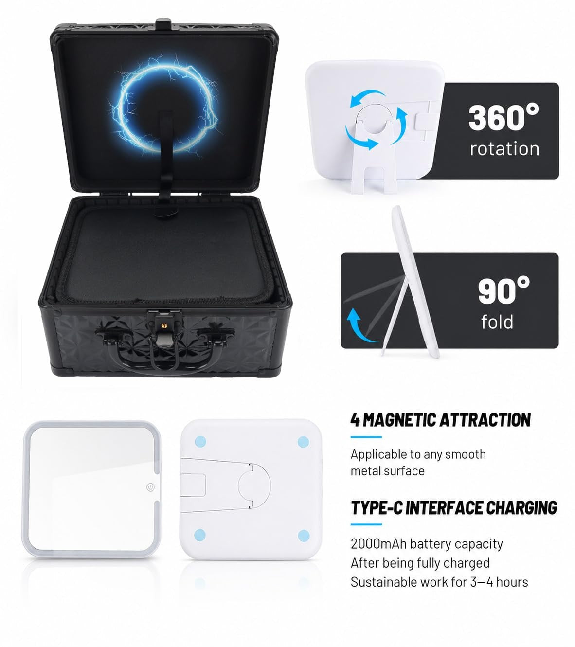 Lockable Portable Makeup Case with LED Lighted Mirror and Detachable Storage