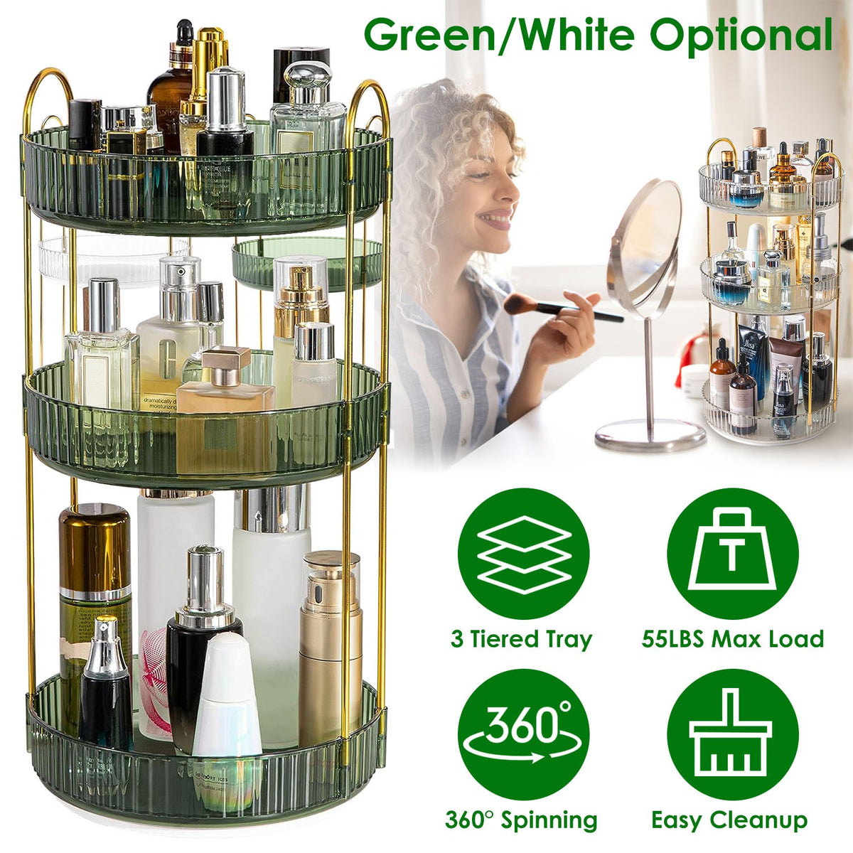 360 Degree Rotating Makeup Organizer Shelf, 3-Tier Lazy Susan Cosmetic Storage