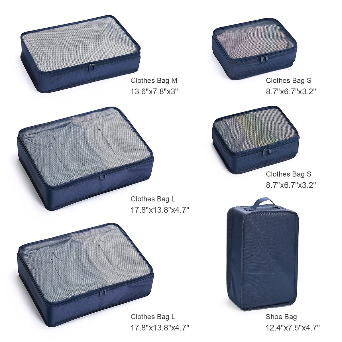 Ultralight Travel Packing Cubes Set - 6 Pieces, Navy Blue Organizer