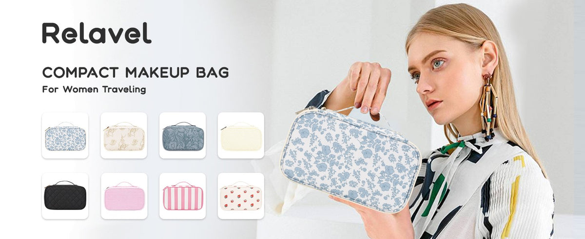 Travel Makeup Bag, Small Floral Cosmetic Organizer with Brush Compartments