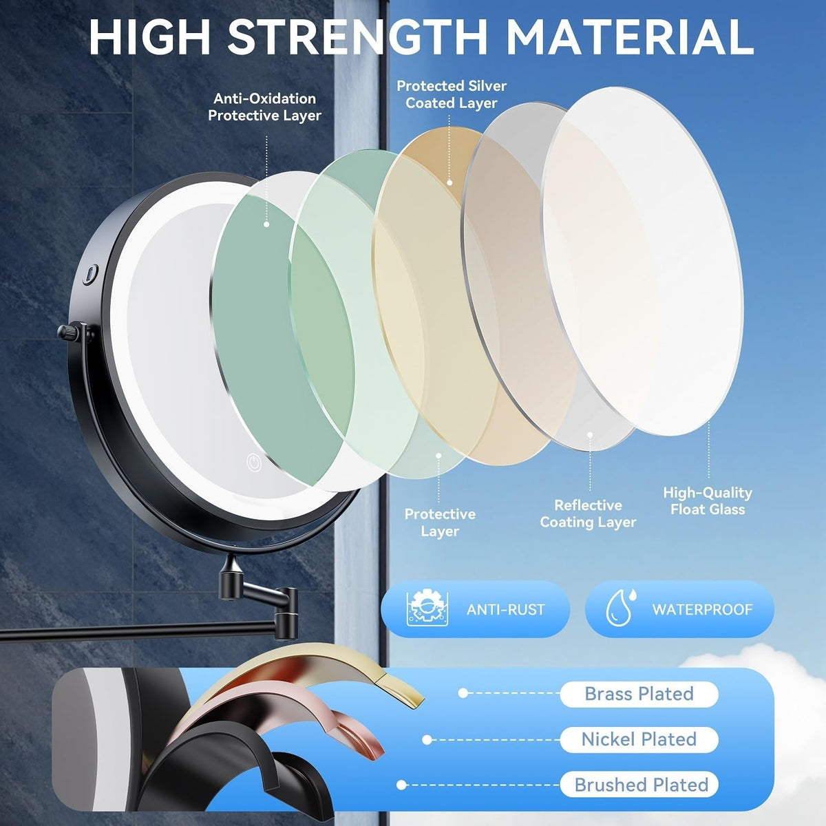Rechargeable Wall Mounted Lighted Makeup Mirror with 30X Magnification, Dimmable LED, 9 Inch