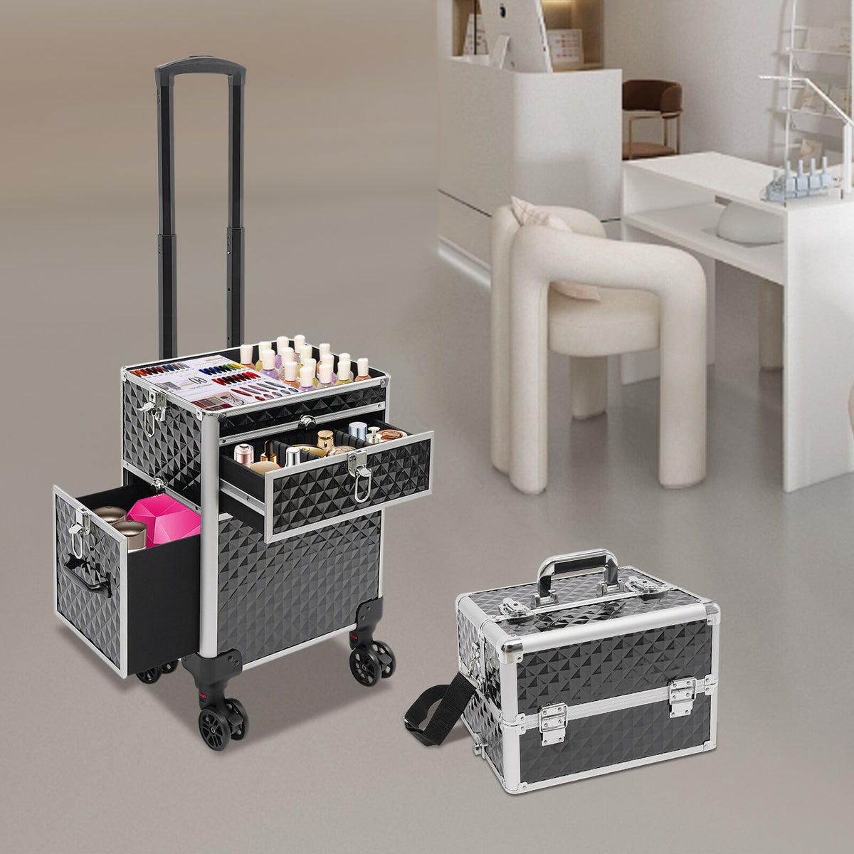Rolling Makeup Train Case with Wheels Lock & Shoulder Strap Silver Black