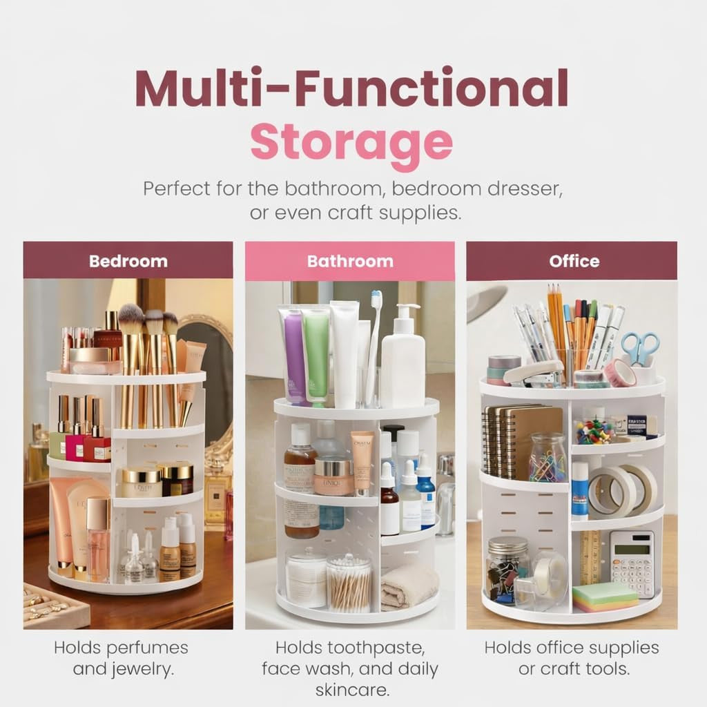Rotating Makeup Organizer with Adjustable Shelves & 360 Degree Spin