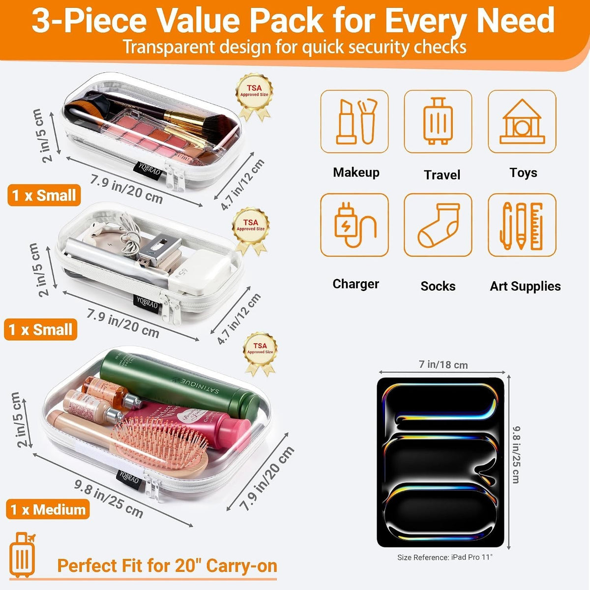 Clear Hard Shell Travel Organizer Cases Set - Makeup, Tech & Accessories Storage
