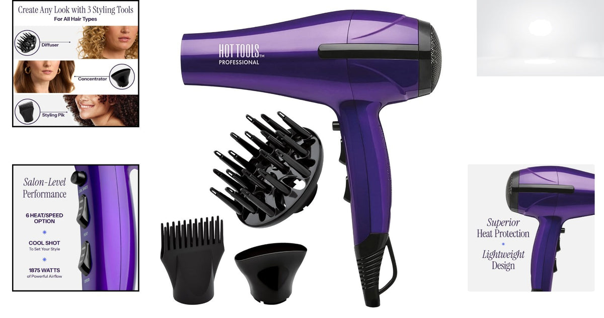 Ionic Hair Dryer 1875W Fast Dry Lightweight with 6 Heat Settings - Purple