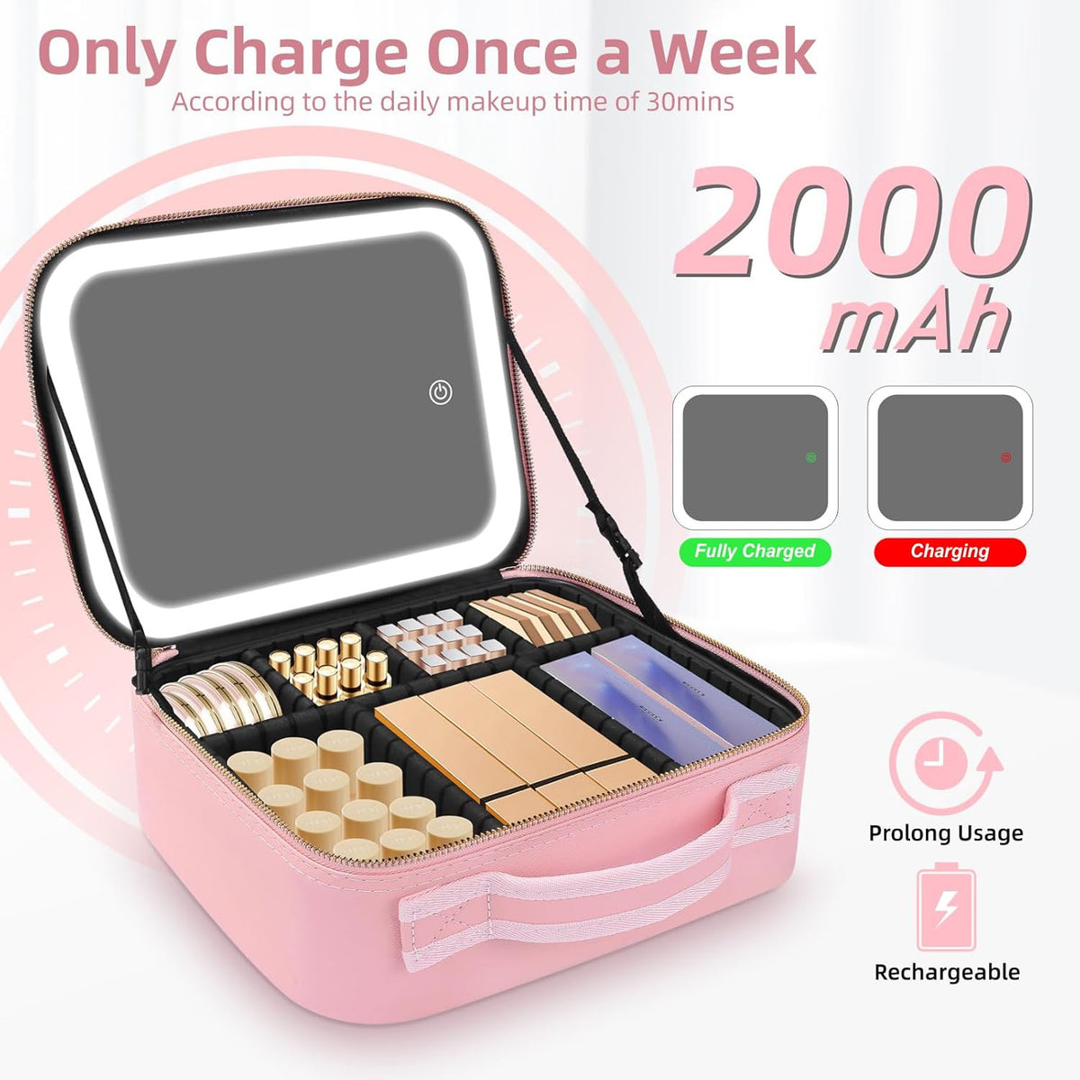 LED Lighted Makeup Organizer Bag with Illuminated Mirror Portable Travel Cosmetic Case
