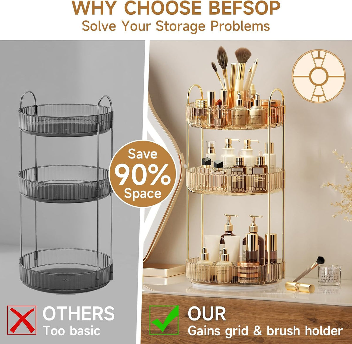 Rotating Makeup Organizer 3-Tier Cosmetic Storage with Brush Holder