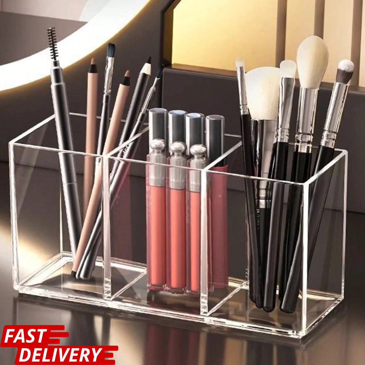 3 Slot Makeup Brush Organizer with Clear PET Material for Cosmetics Storage