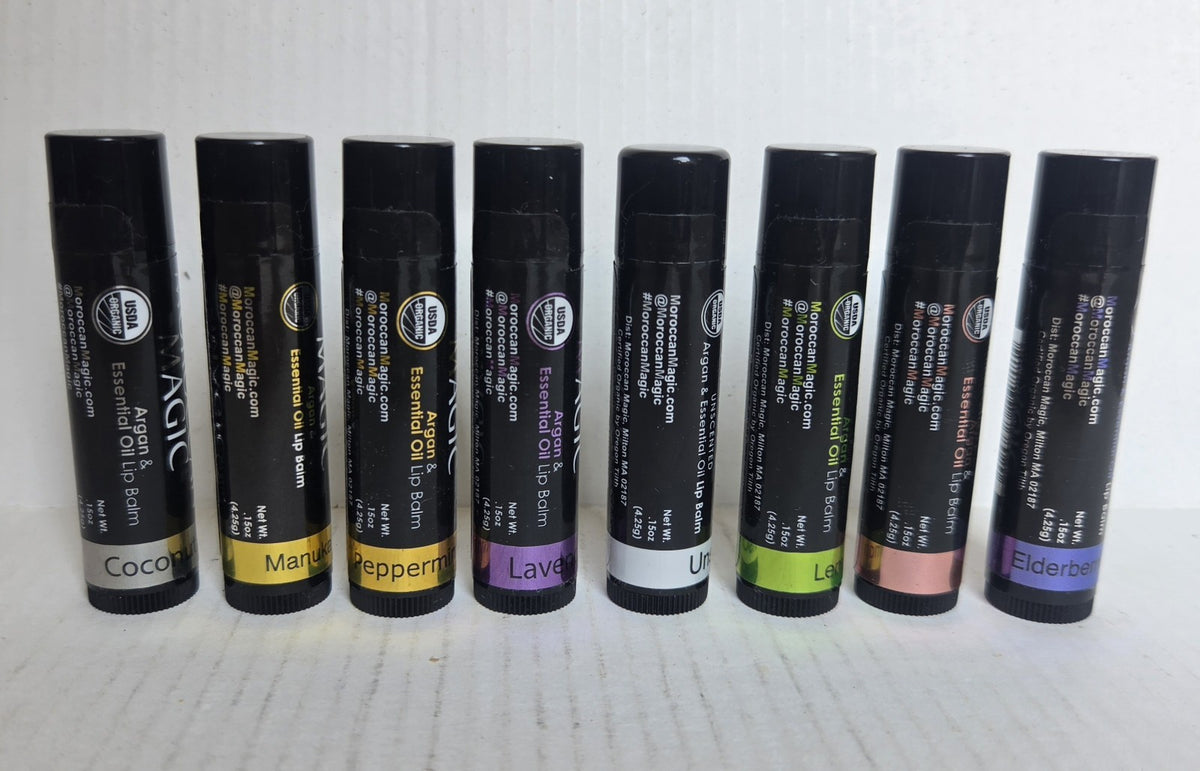 Set of 8 Lip Balms with Essential Oils & Rose Pouch - Hydrating & Scented