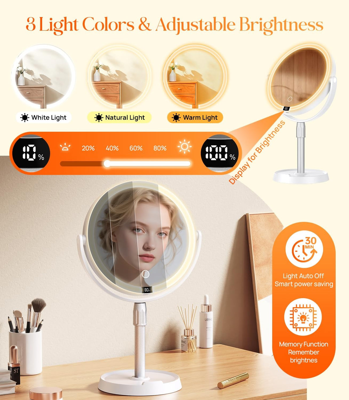 7-Inch Lighted Makeup Mirror with 20x Magnification, Digital Display