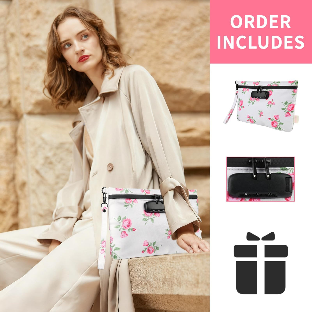 Pink Waterproof Travel Pouch with Combination Lock & 8 Accessories Gift Box