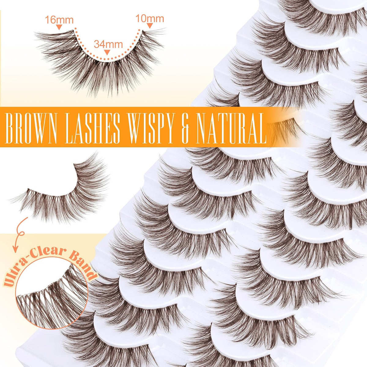 Brown False Eyelashes Wispy Cat Eye C-Curly Natural Look Reusable Strip Lashes