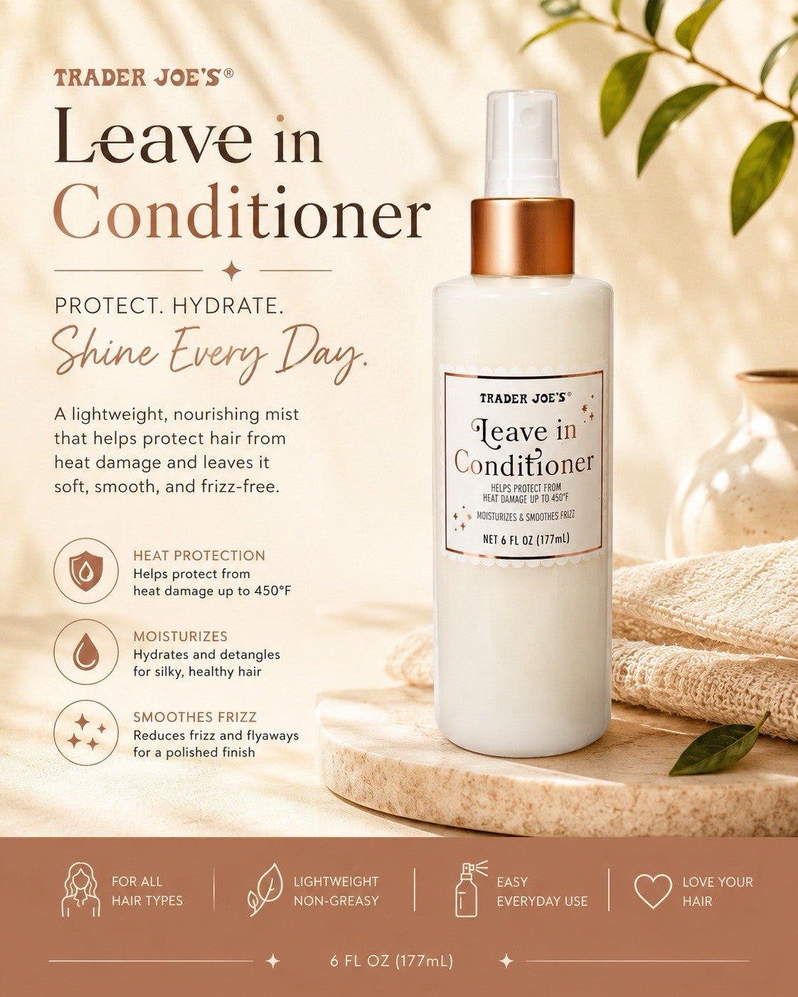 Trader Joe's Leave-In Conditioner with Heat Protection up to 450°F - 6 fl oz (2 Pack)