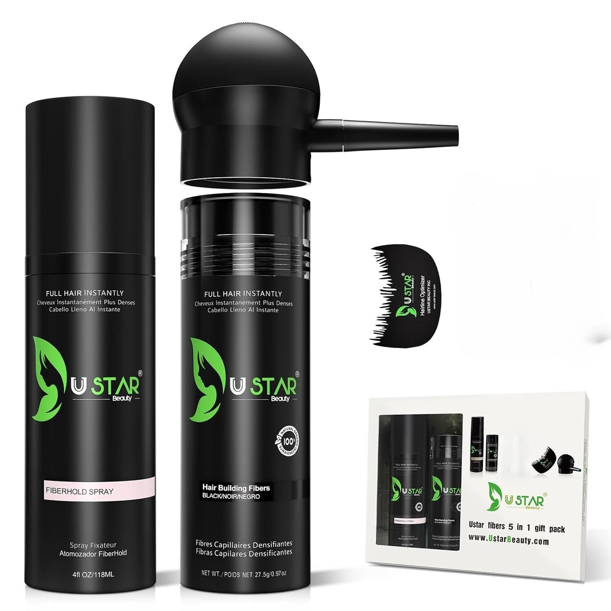 Hair Building Fibers Spray Powder - Natural Black (4-in-1 Kit)