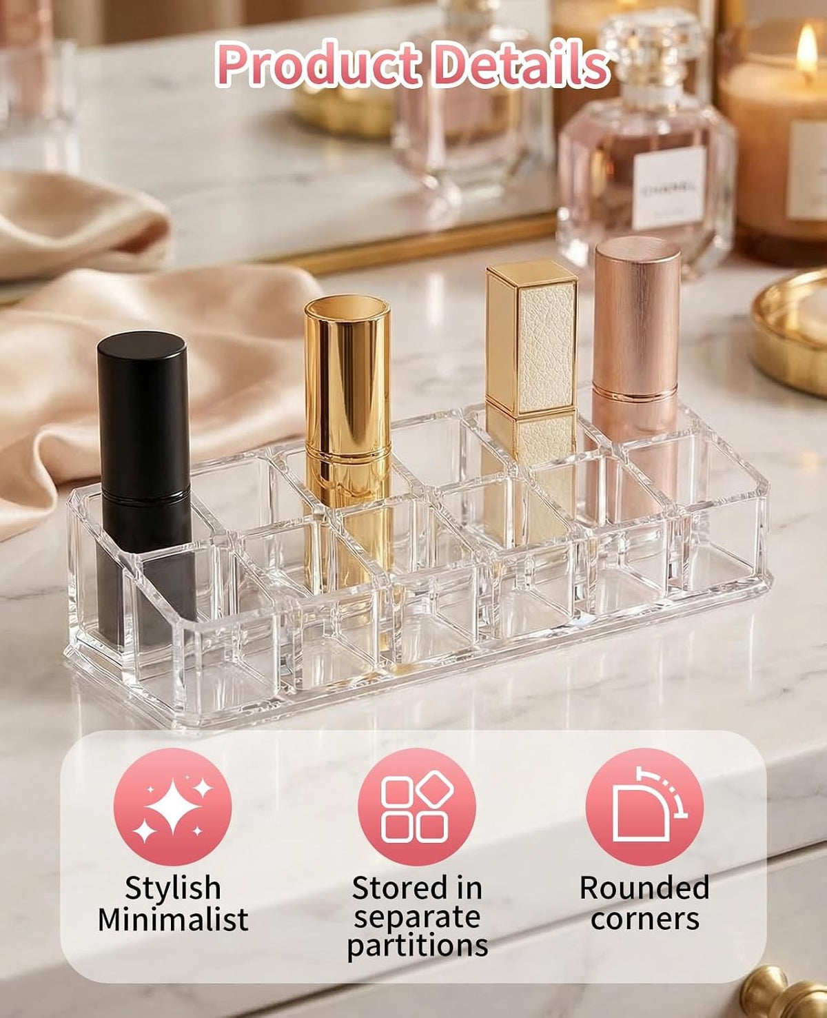 2 Pack Clear Acrylic Lipstick Organizer with 12 Slots for Makeup Storage