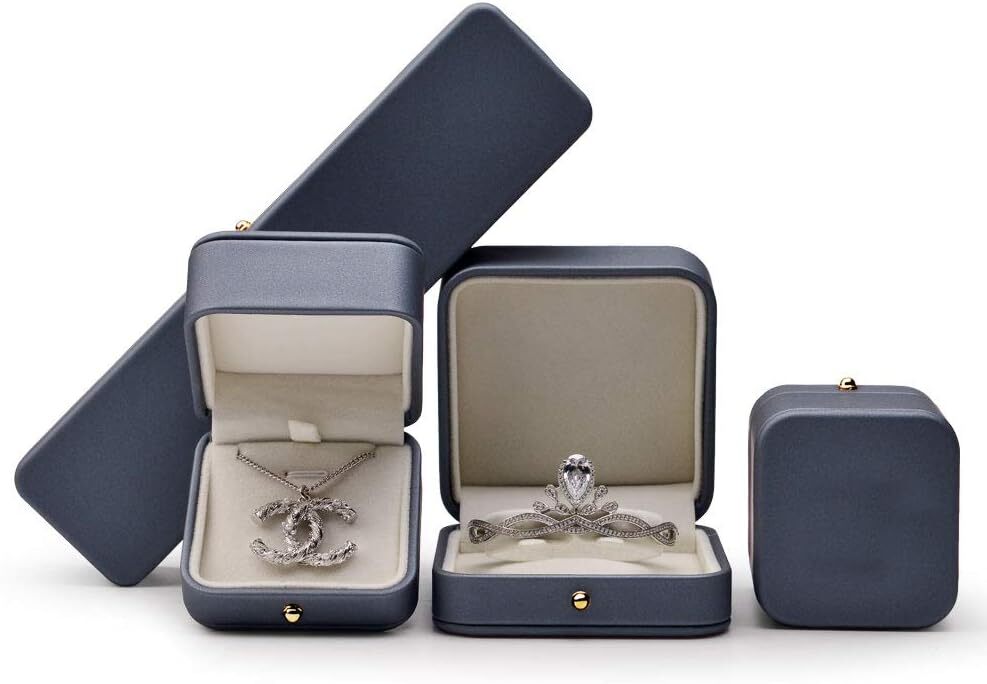 Steel-Blue Leather Ring Box — Elegant Jewelry Storage for Engagement & Gifts