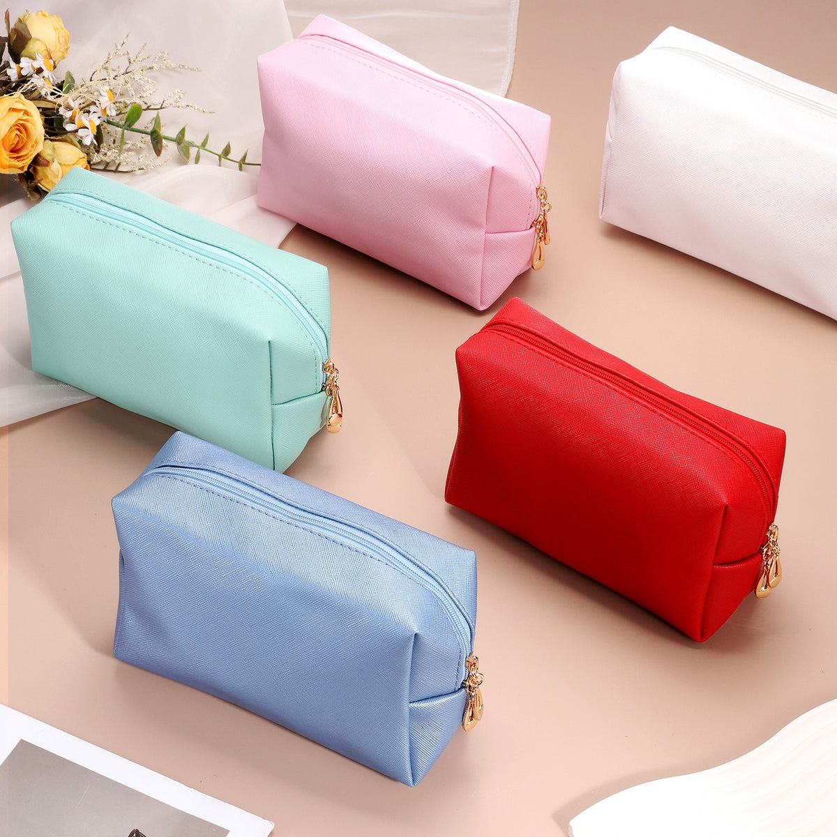 Small PU Leather Makeup Bag - Travel Zipper Cosmetic Organizer, Blue
