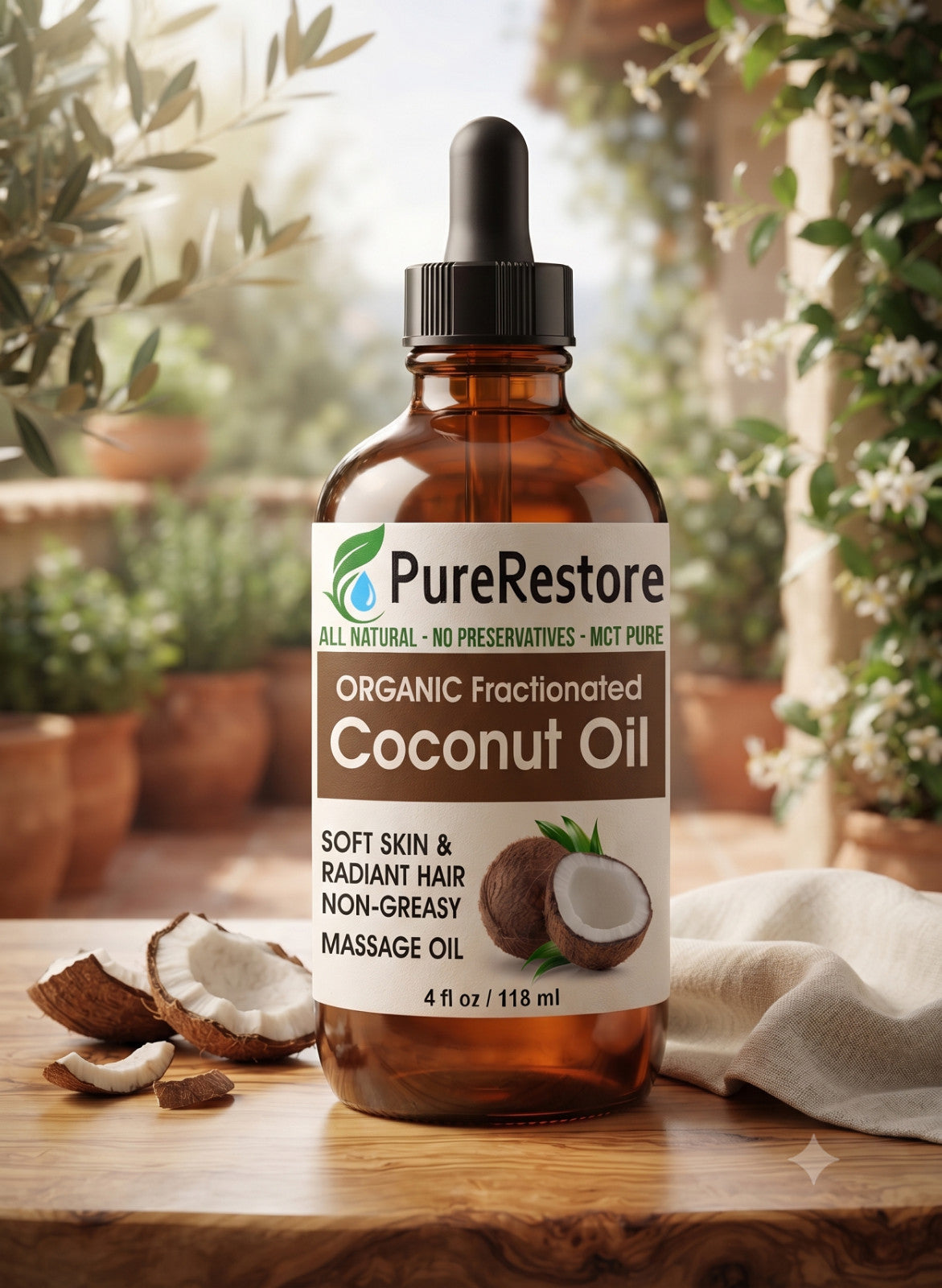 Organic Fractionated Coconut Oil for Skin & Hair - PureRestore, 0.33oz-4oz Variants