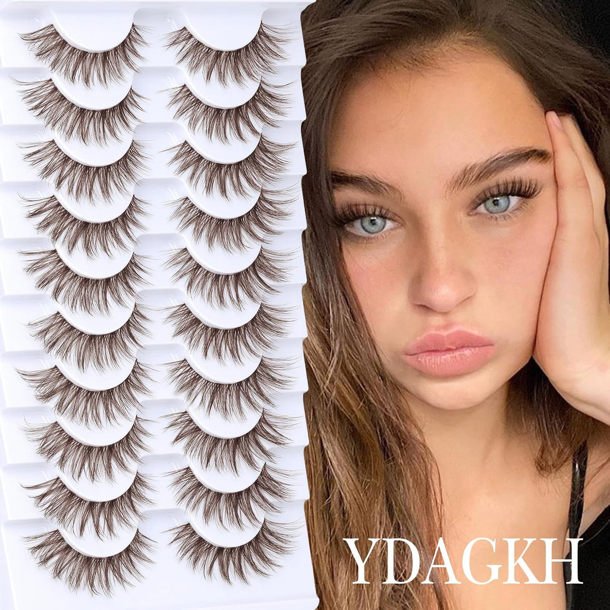 Brown False Eyelashes Wispy Cat Eye C-Curly Natural Look Reusable Strip Lashes