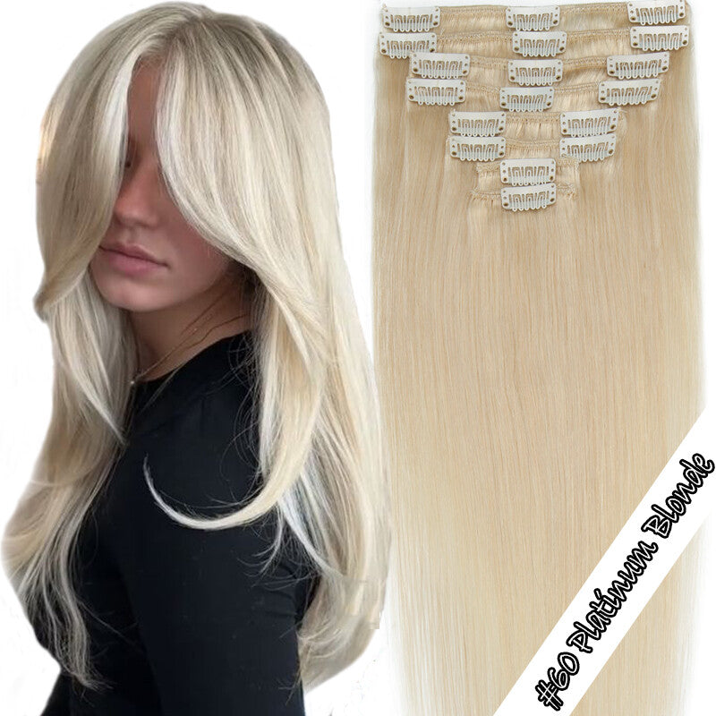 Clip-In Human Hair Extensions - Full Head 8 Pieces, Multiple Colors & Lengths
