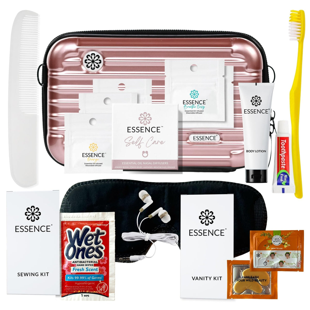 Travel Toiletry Kit with Aromatherapy Diffuser Rings & Sleep Mask